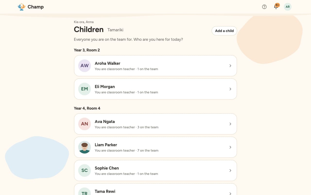 A teacher's list of children in Champ, grouped by class